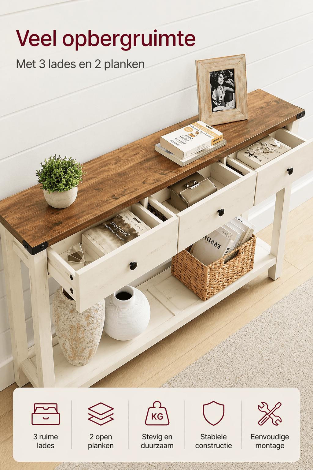 Sidetable in Landhuisstijl met 3 Lades en Onderplank – Smalle Consoletafel voor Hal, Woonkamer of Gang – Honingbruin/Vintage Wit - Industrieelinhuis.nl