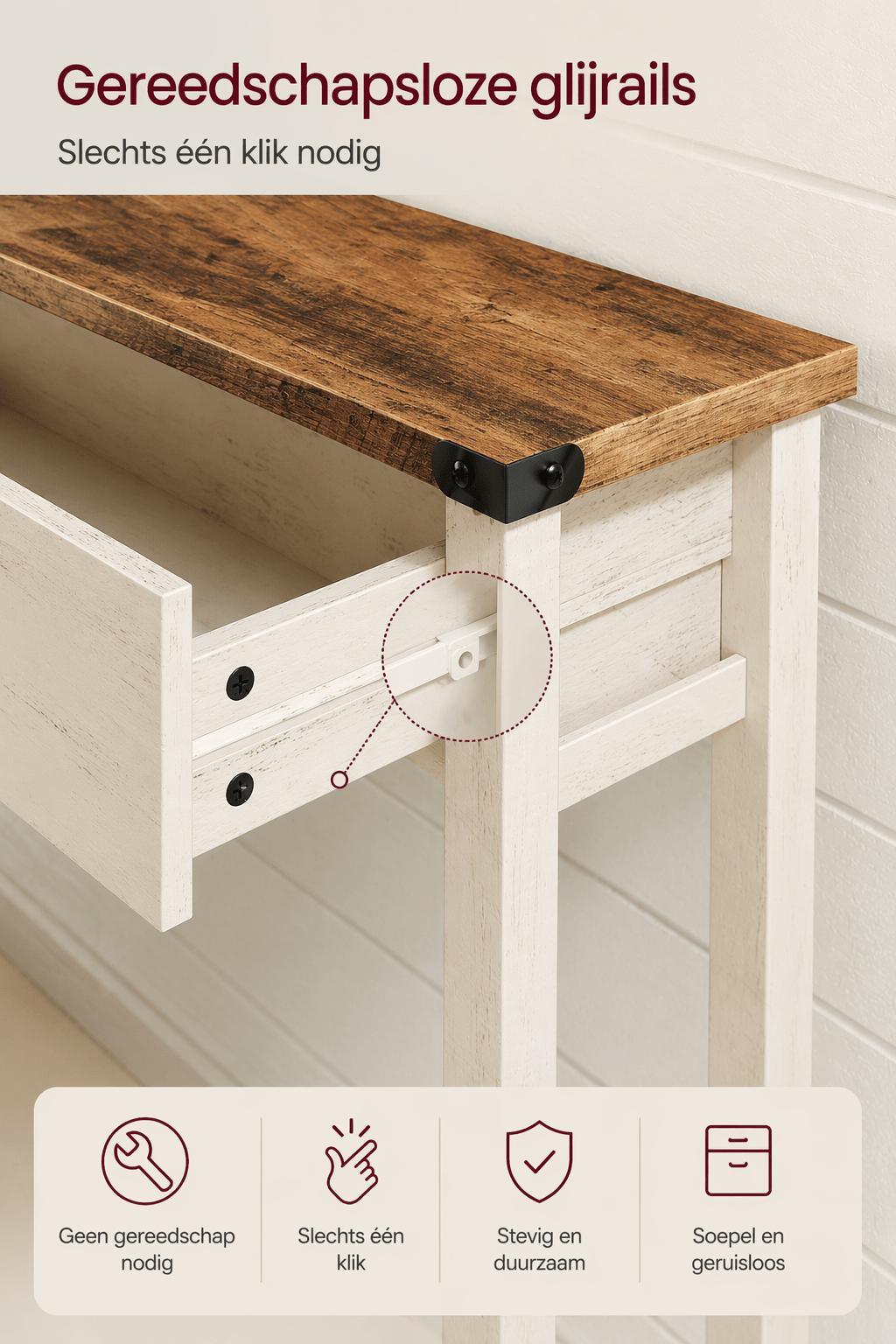 Sidetable in Landhuisstijl met 3 Lades en Onderplank – Smalle Consoletafel voor Hal, Woonkamer of Gang – Honingbruin/Vintage Wit - Industrieelinhuis.nl