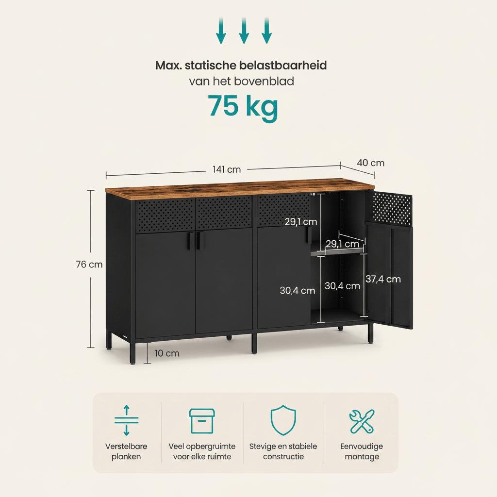 Metalen Opbergkast met 4 Deuren – Industrieel Dressoir met Verstelbare Planken en Pegboard - Industrieelinhuis.nl