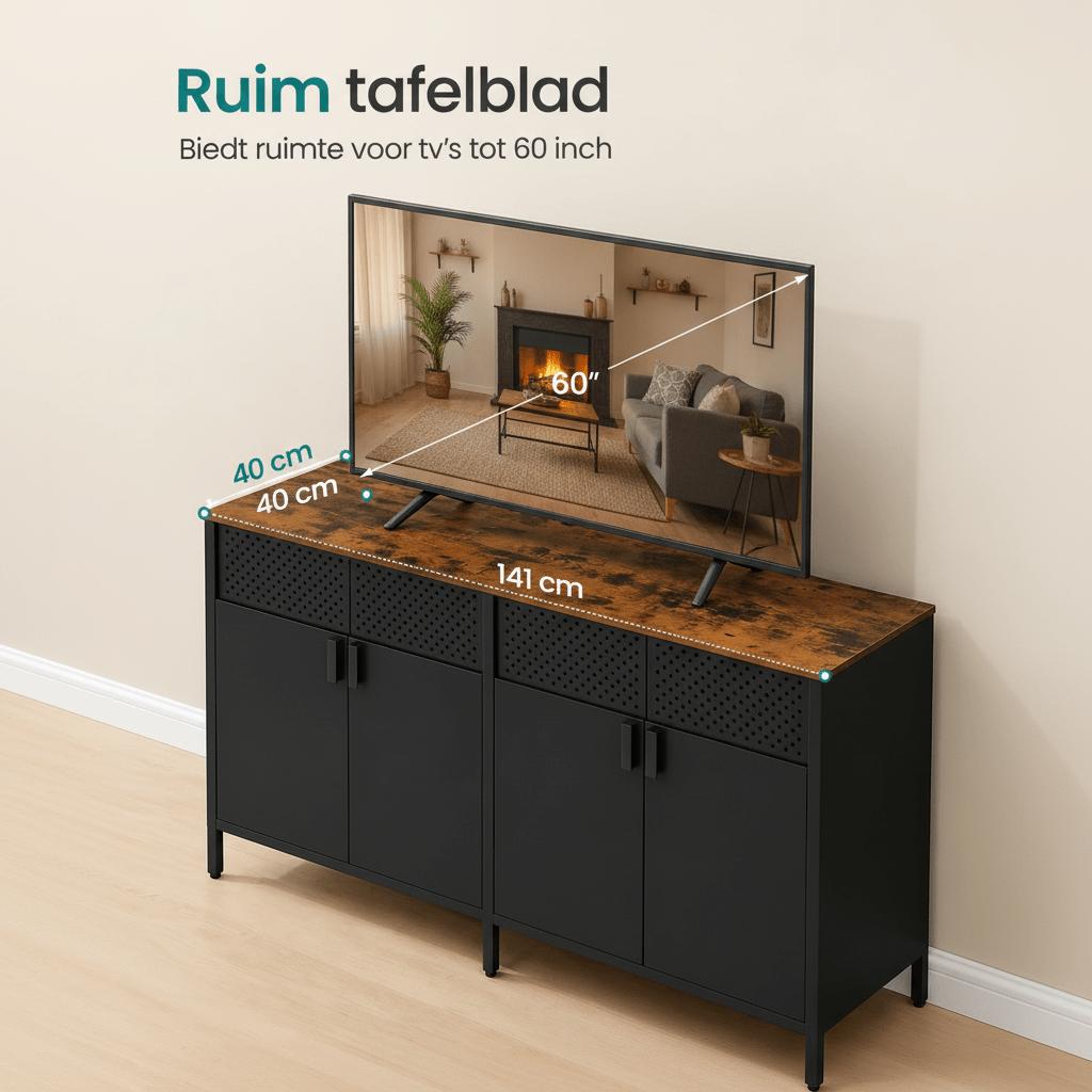 Metalen Opbergkast met 4 Deuren – Industrieel Dressoir met Verstelbare Planken en Pegboard - Industrieelinhuis.nl