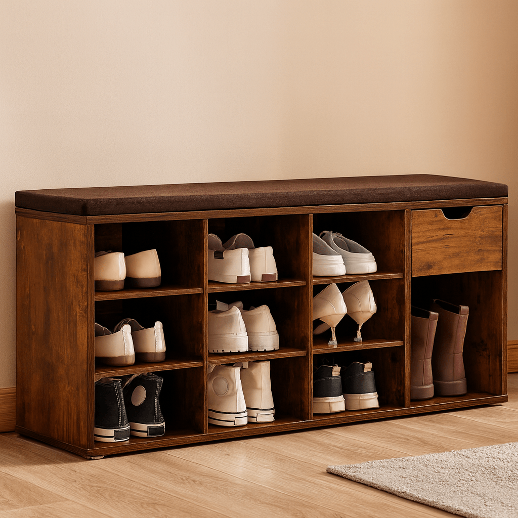 Schoenenbank met Lade en Open Vakken – Houten halbank met gecapitonneerde zitting in vintage bruin