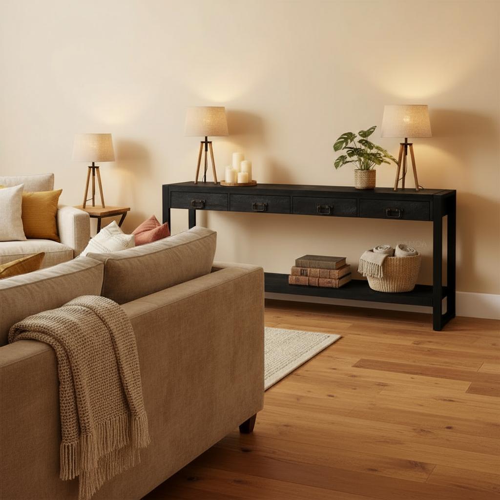 Zwarte sidetable met vier lades | Zwart Mangohout en Industrieel | 180x35x76cm - Industrieelinhuis.nl