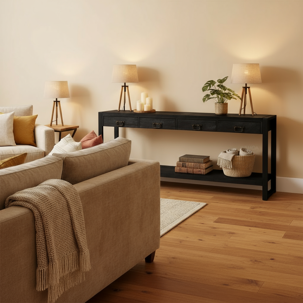 Zwarte sidetable met vier lades | Zwart Mangohout en Industrieel | 180x35x76cm - Industrieelinhuis.nl