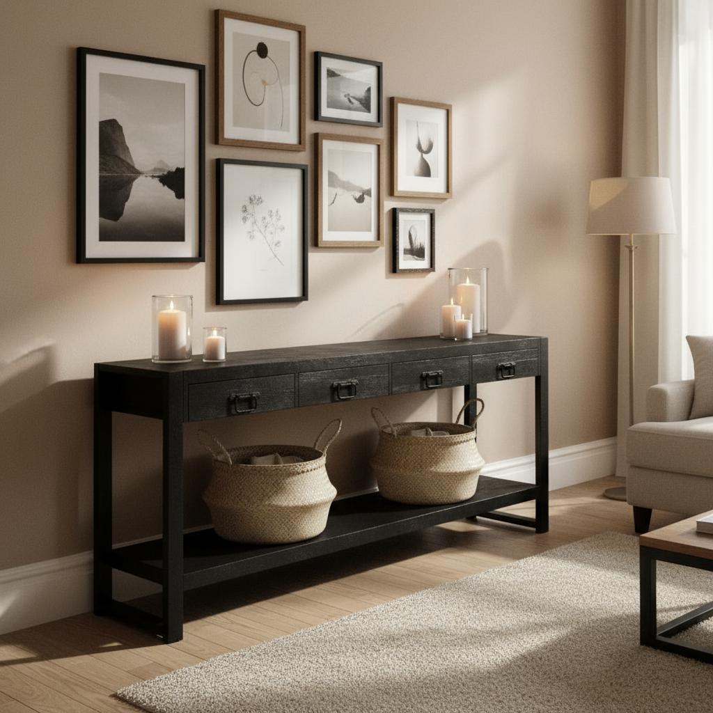 Zwarte sidetable met vier lades | Zwart Mangohout en Industrieel | 180x35x76cm