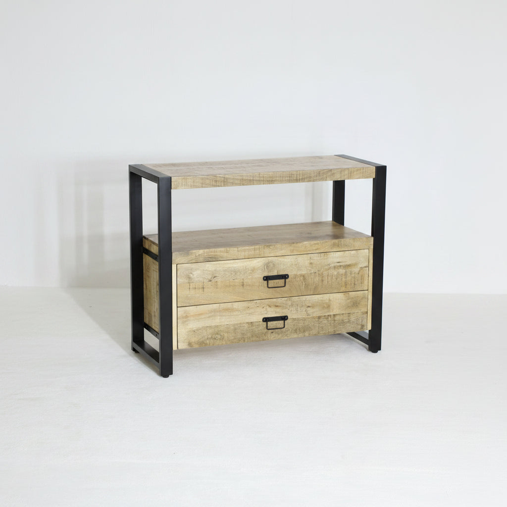 Mangohouten Kastje met 2 Lades – Industrieel Design | Mangohout & Staal | 100x40x80 cm