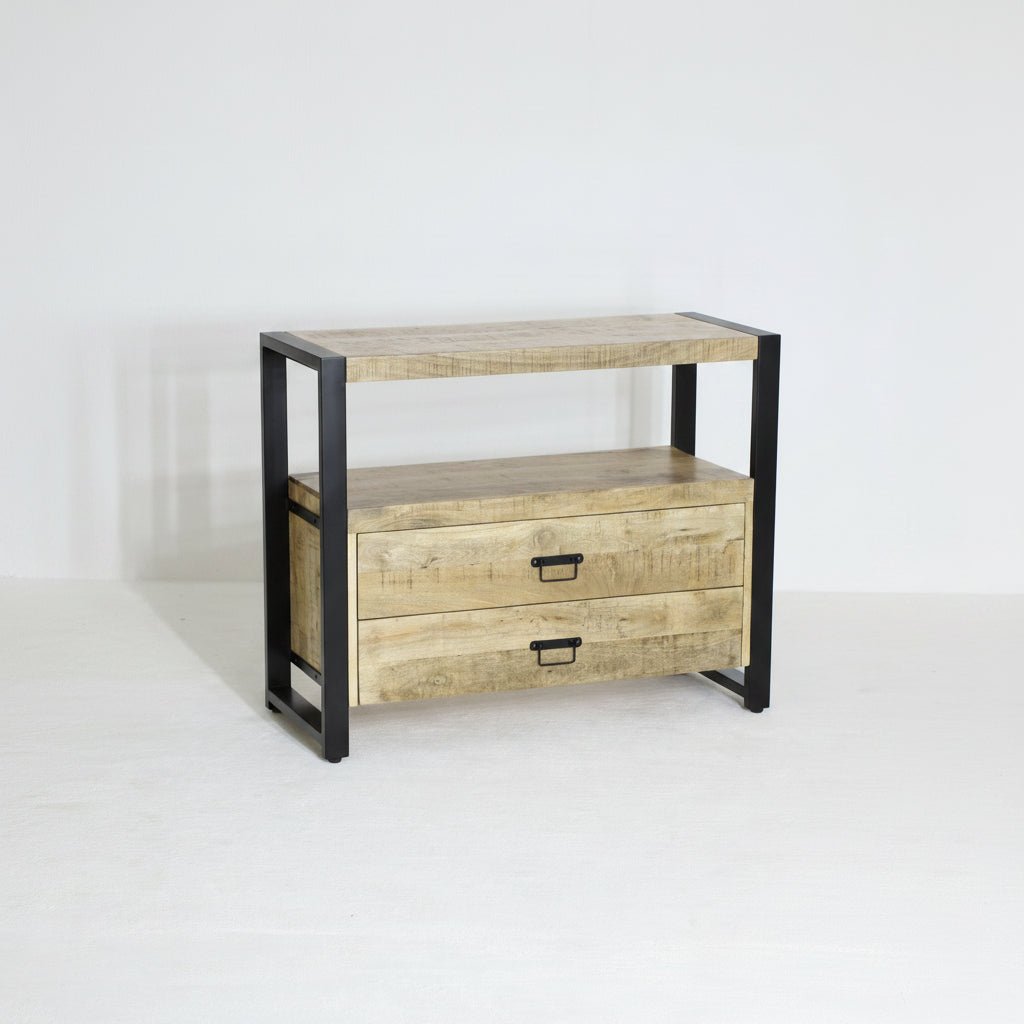 Mangohouten Kastje met 2 Lades – Industrieel Design | Mangohout & Staal | 100x40x80 cm