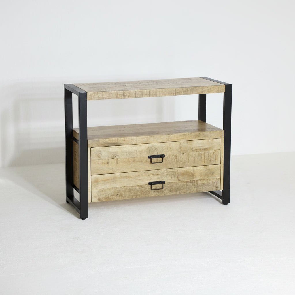 Mangohouten Kastje met 2 Lades – Industrieel Design | Mangohout & Staal | 100x40x80 cm