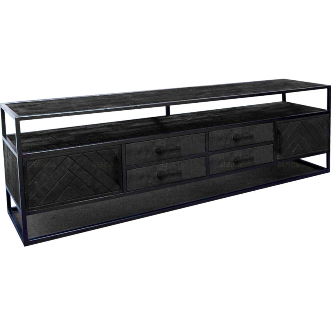 TV-meubel Jax Visgraat Industrieel Design | Zwart Mangohout en Staal | 200x45x60cm - Industrieelinhuis.nl