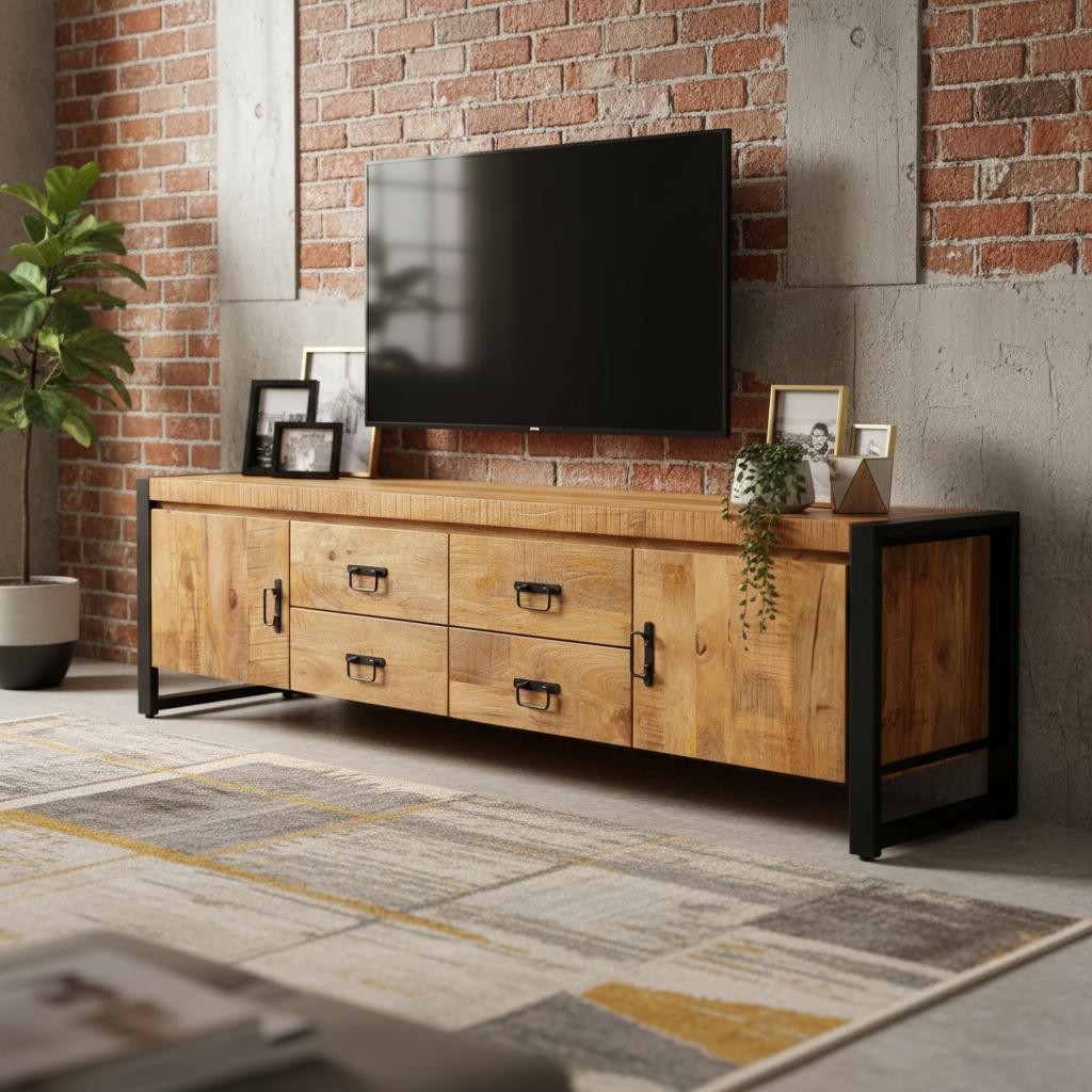 Britt TV-Meubel met Lade Mangohout en Staal - Industrieelinhuis.nl