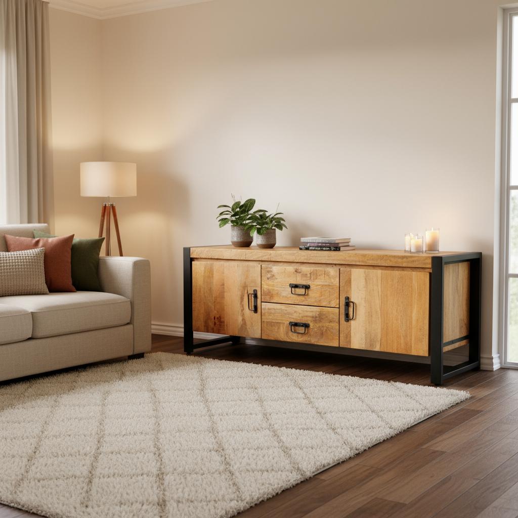 Britt TV-Meubel met Laden en Deuren Mangohout en Staal - Industrieelinhuis.nl