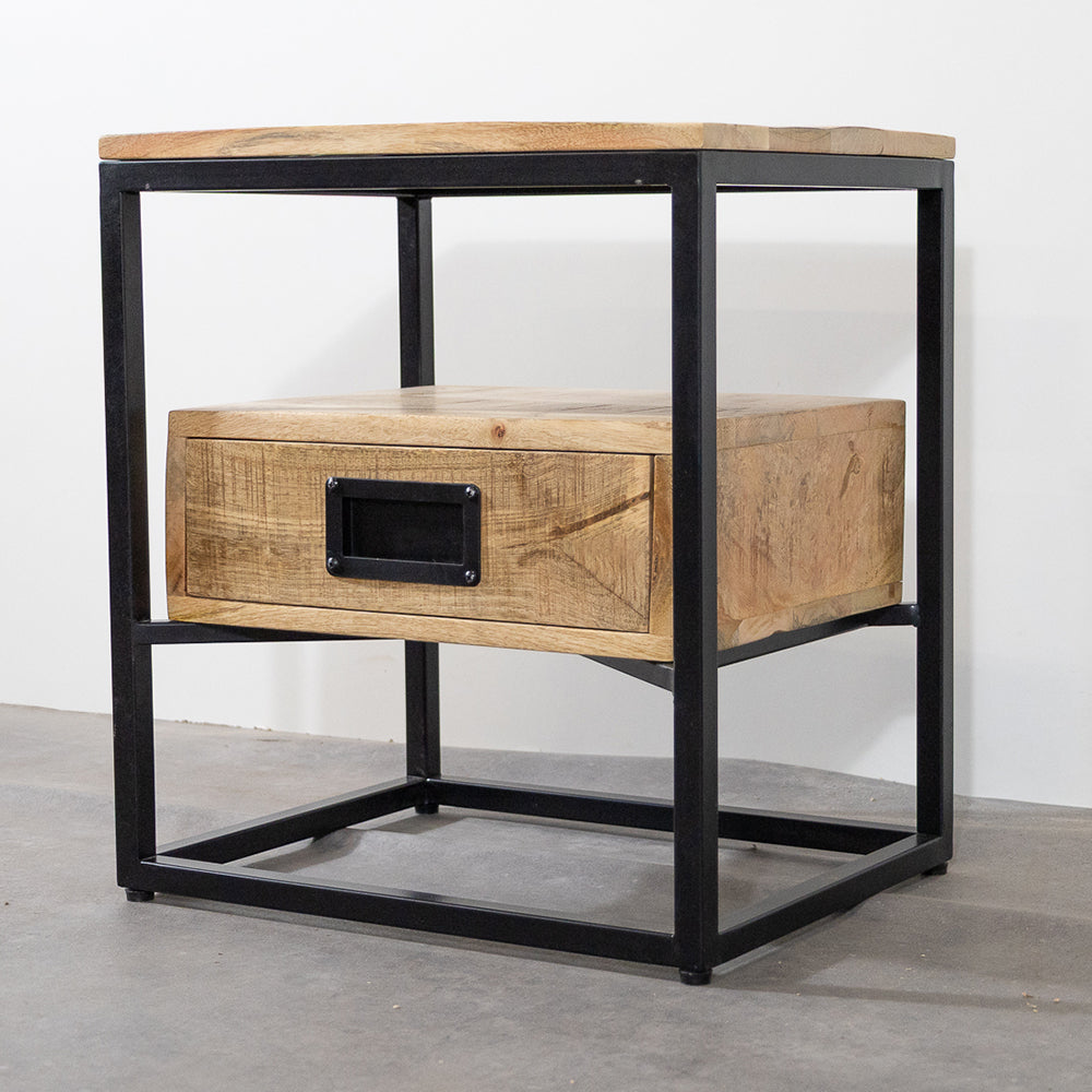 Seitentisch/Nachttisch Industriedesign | Mangoholz und Stahl 45x35x50