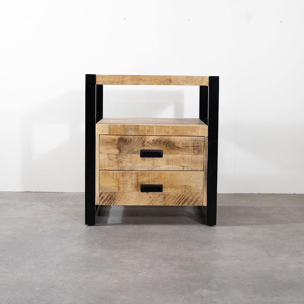 Industrieel Kastje van Mangohout met 2 Lades – Staal & Massief Hout | 75x65x45 cm