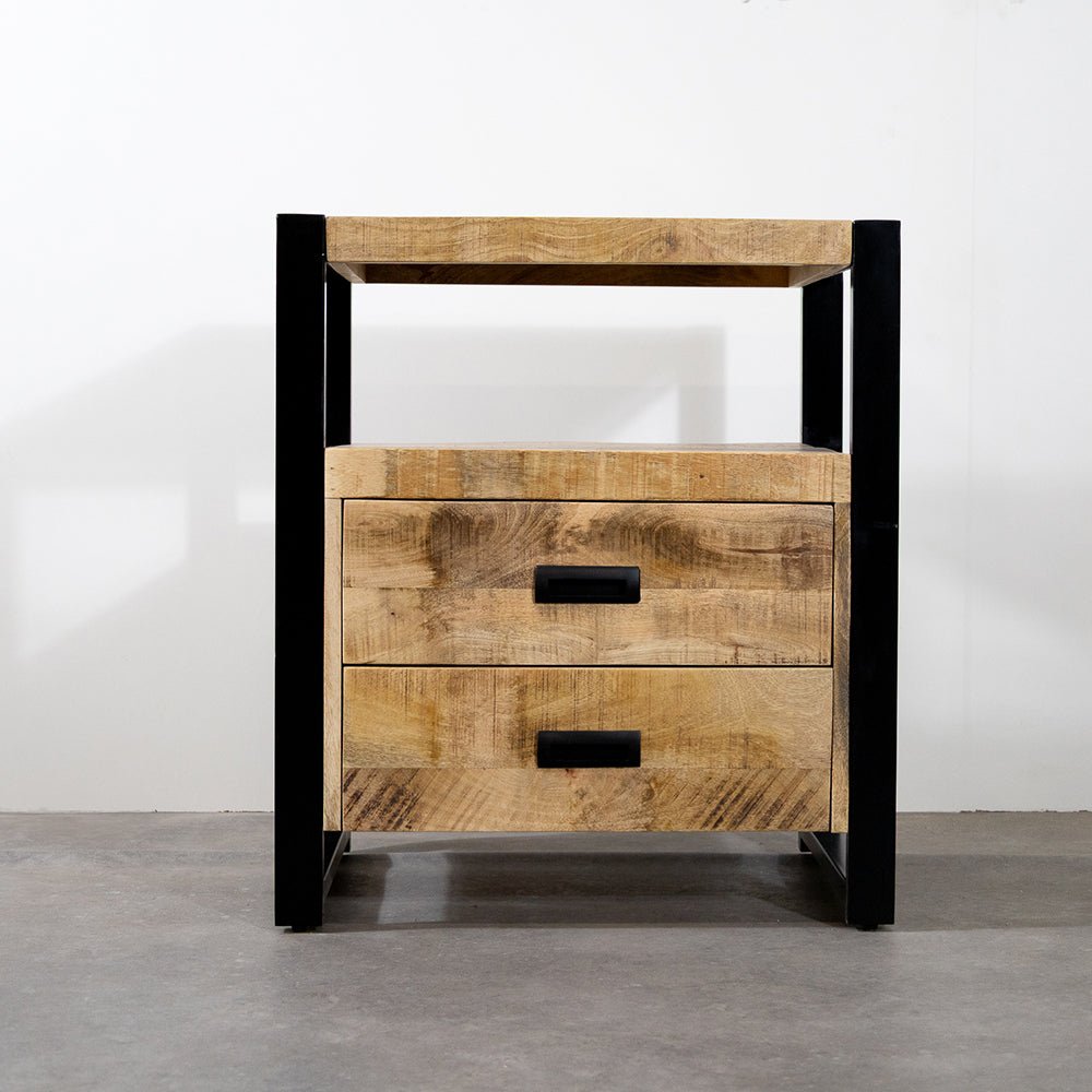 Industrieel Kastje van Mangohout met 2 Lades – Staal & Massief Hout | 75x65x45 cm - Industrieelinhuis.nl
