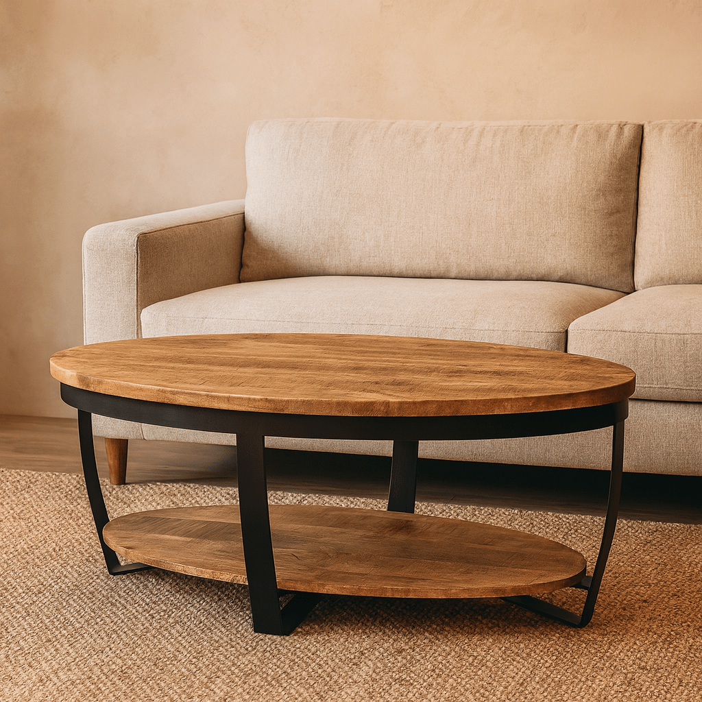 Couchtisch Ovales Industriedesign | Mangoholz und Stahl 130x70x45 cm