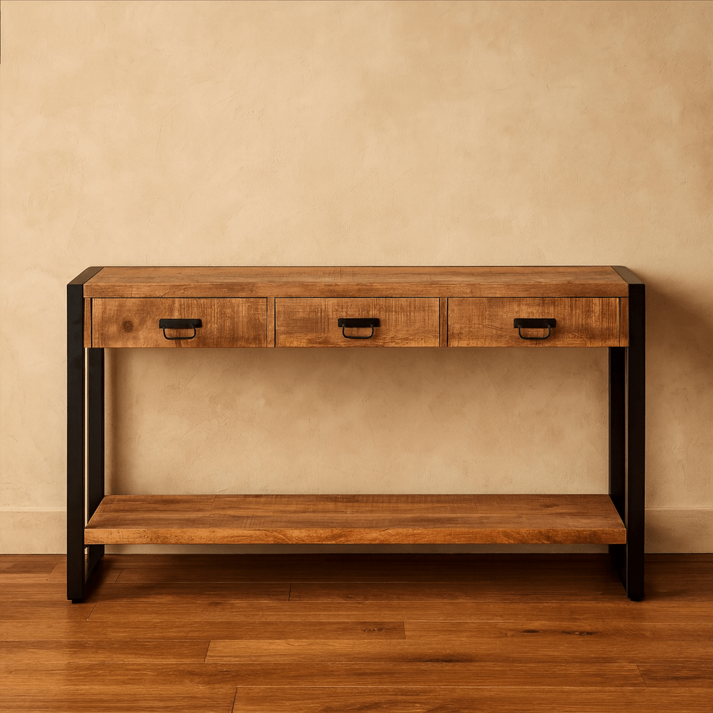 Sidetable met lades en zwarte handgrepen | Mangohout en Staal | 150x35x76cm - Industrieelinhuis.nl