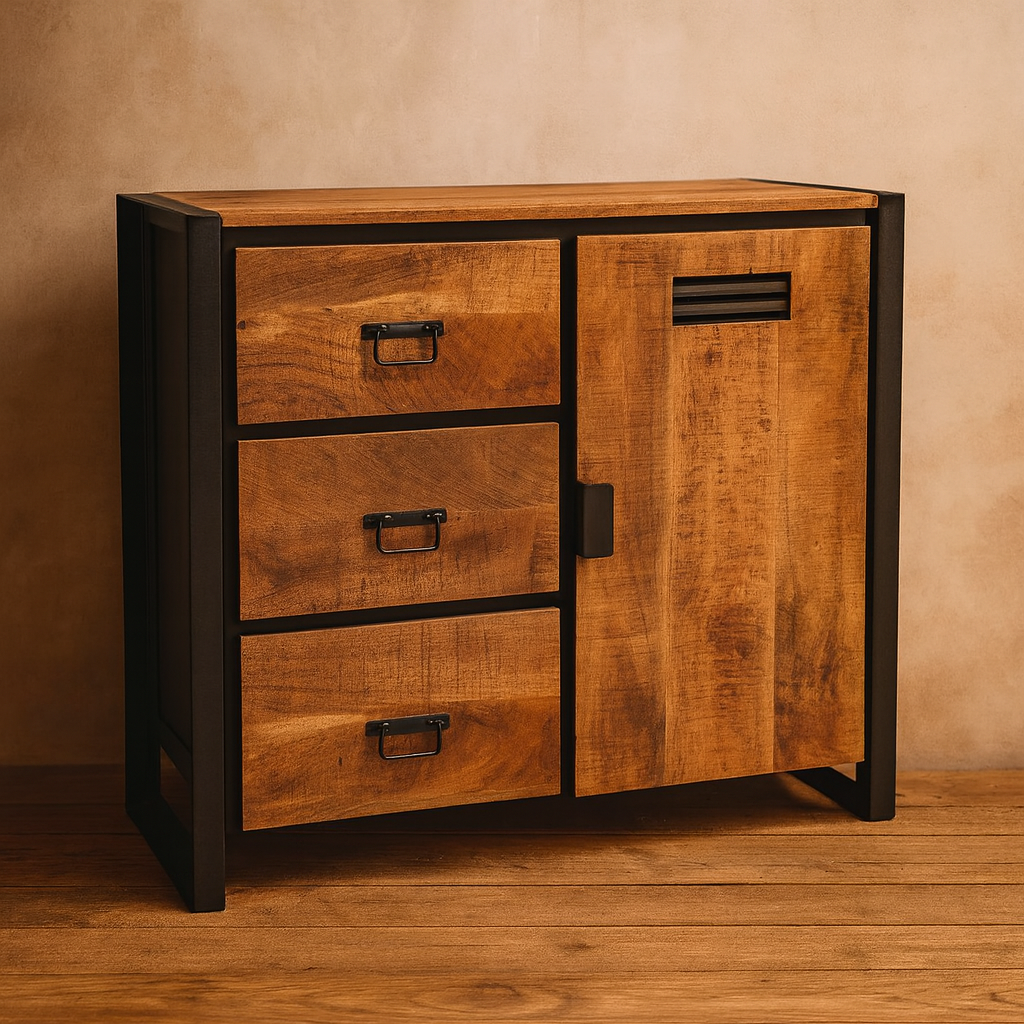 Sidetable met lades en zwarte handgrepen | Mangohout en Staal | 150x35x76cm