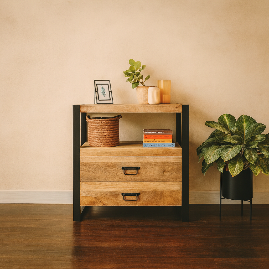 Mango Holzschrank mit 2 Schubladen Industrial Design | Mangoholz und Stahl 80x40x80 cm
