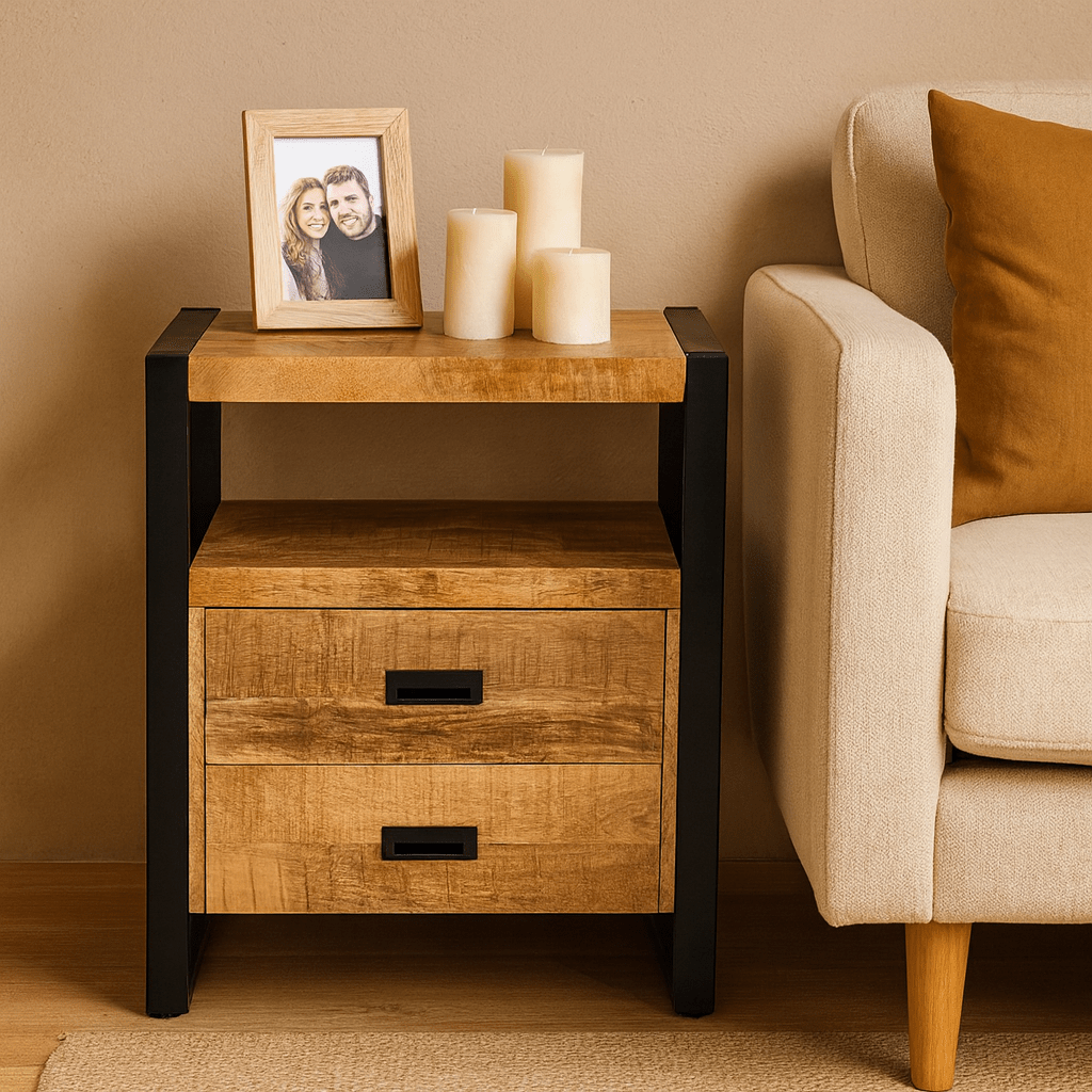 Industrieel Kastje van Mangohout met 2 Lades – Staal & Massief Hout | 75x65x45 cm