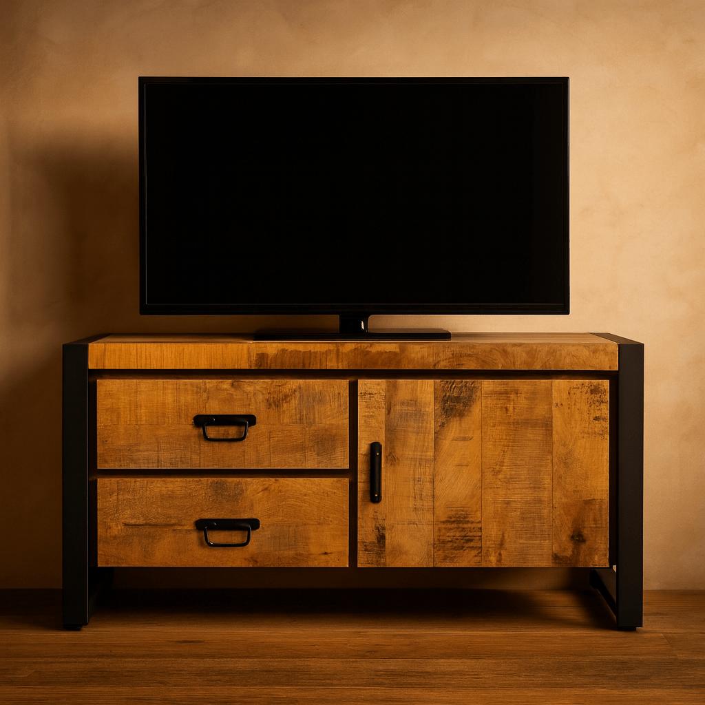 Britt 1-deur 2-laden TV-Meubel Mangohout en Staal - Industrieelinhuis.nl