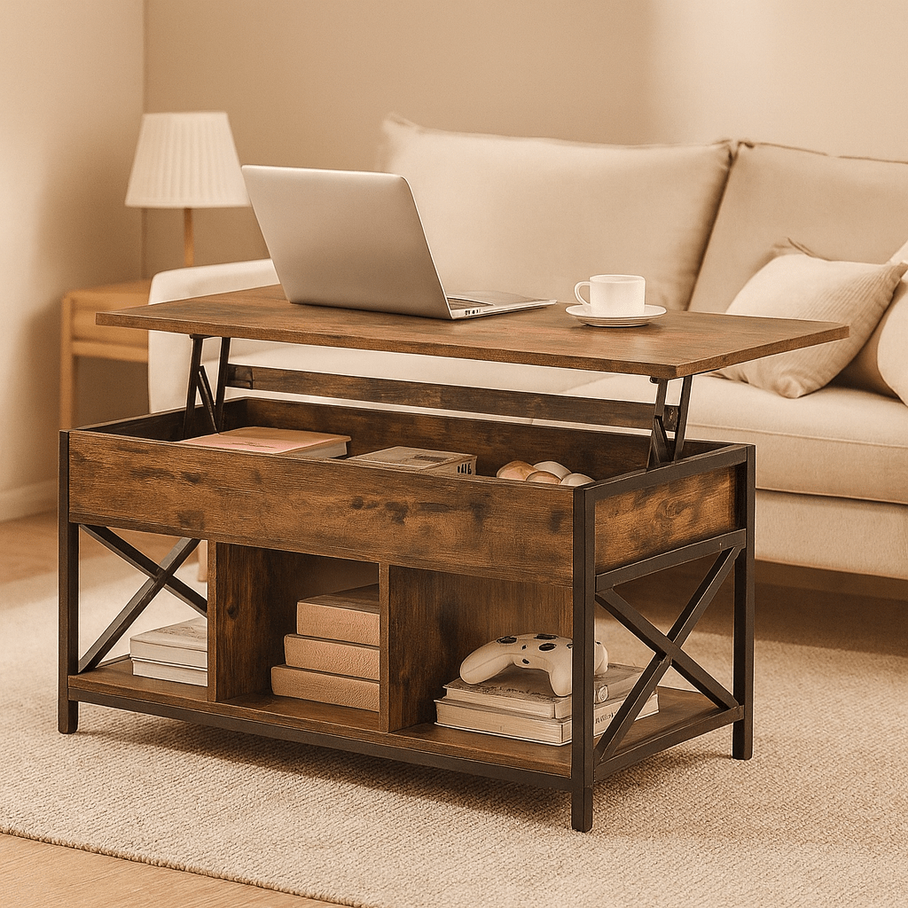 Lift Top Salontafel – Industriële salontafel met verstelbaar tafelblad en verborgen opbergruimte in rustiek bruin en zwart staal - Industrieelinhuis.nl