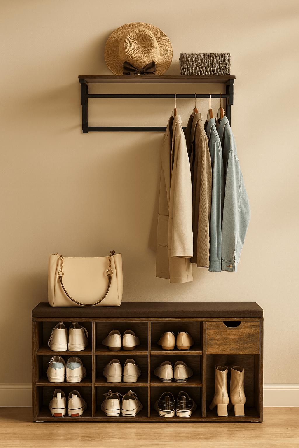 Schoenenbank met Lade en Open Vakken – Houten halbank met gecapitonneerde zitting in vintage bruin - Industrieelinhuis.nl