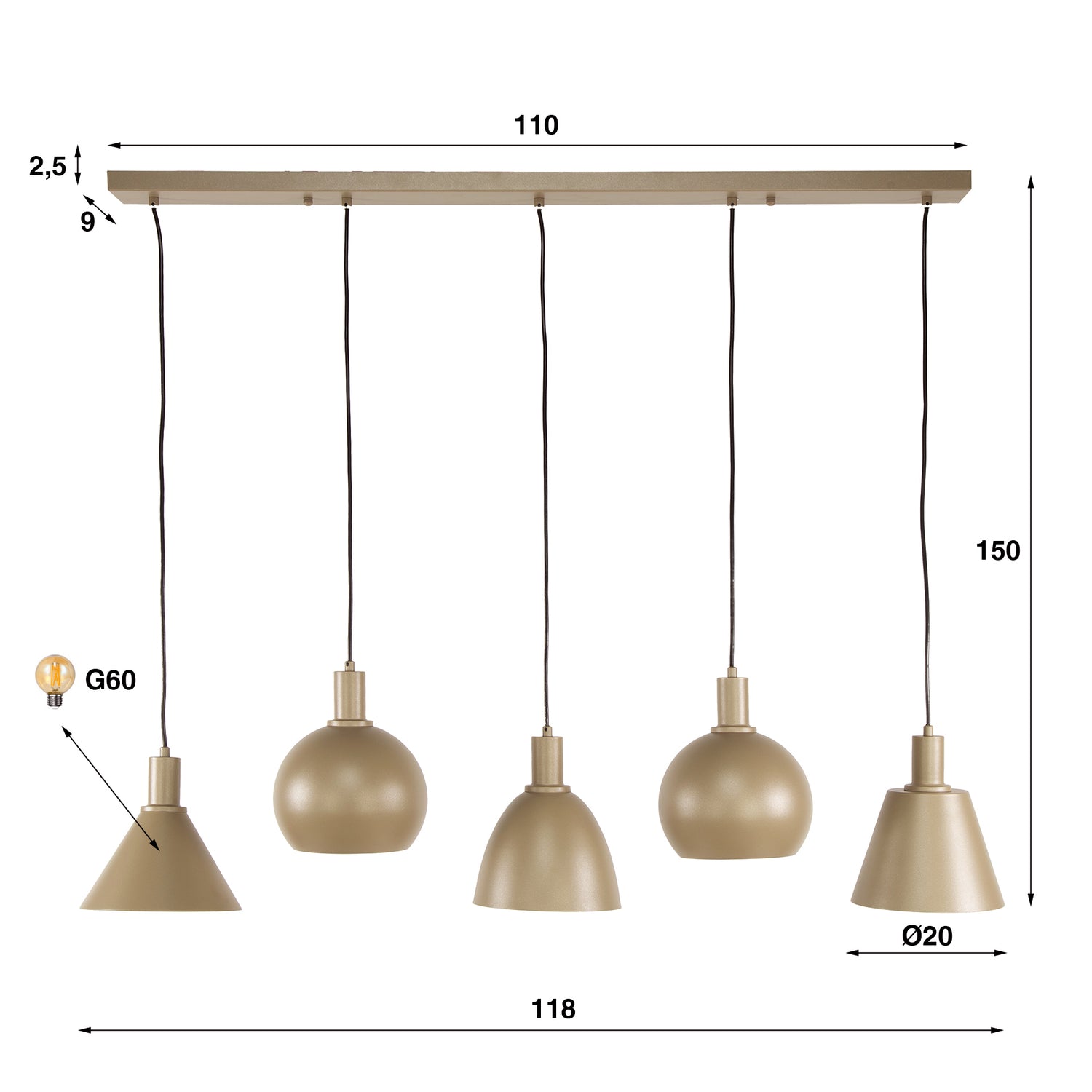Hanglamp 5L Stellaro Beige - Industrieelinhuis.nl
