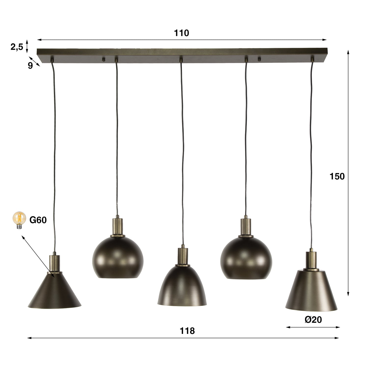 Hanglamp 5L Stellaro Donkerbruin - Industrieelinhuis.nl