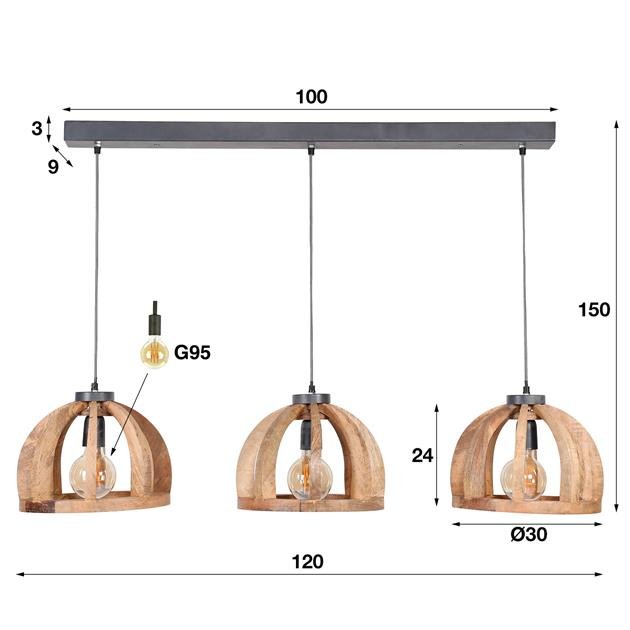 Hanglamp Hout 3 lichtpunten Woodbent Mangohout Ø30 cm - Industrieelinhuis.nl
