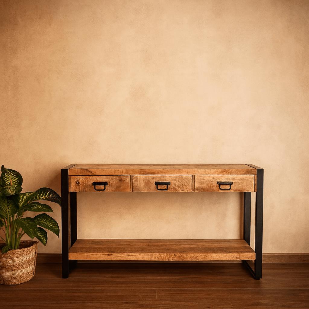 Sidetable met lades en zwarte handgrepen | Mangohout en Staal | 150x35x76cm - Industrieelinhuis.nl