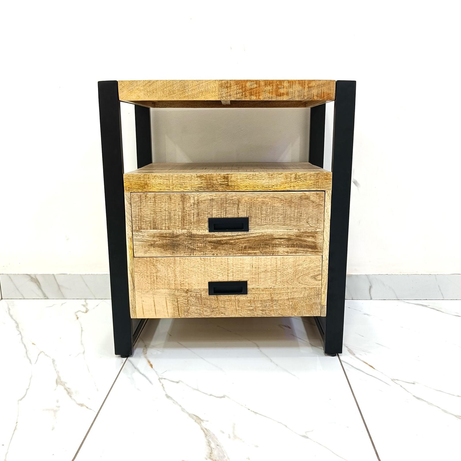Industrieel Kastje van Mangohout met 2 Lades – Staal & Massief Hout | 75x65x45 cm