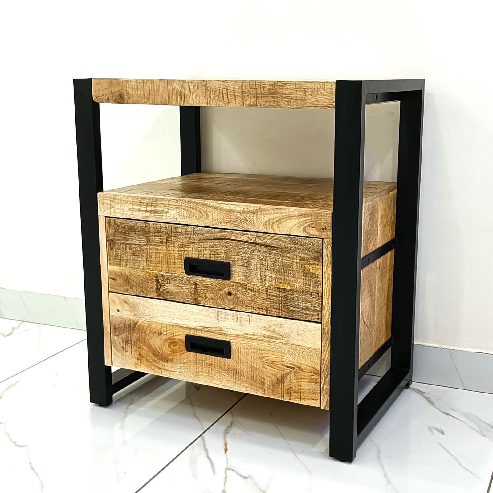 Industrieel Kastje van Mangohout met 2 Lades – Staal & Massief Hout | 75x65x45 cm