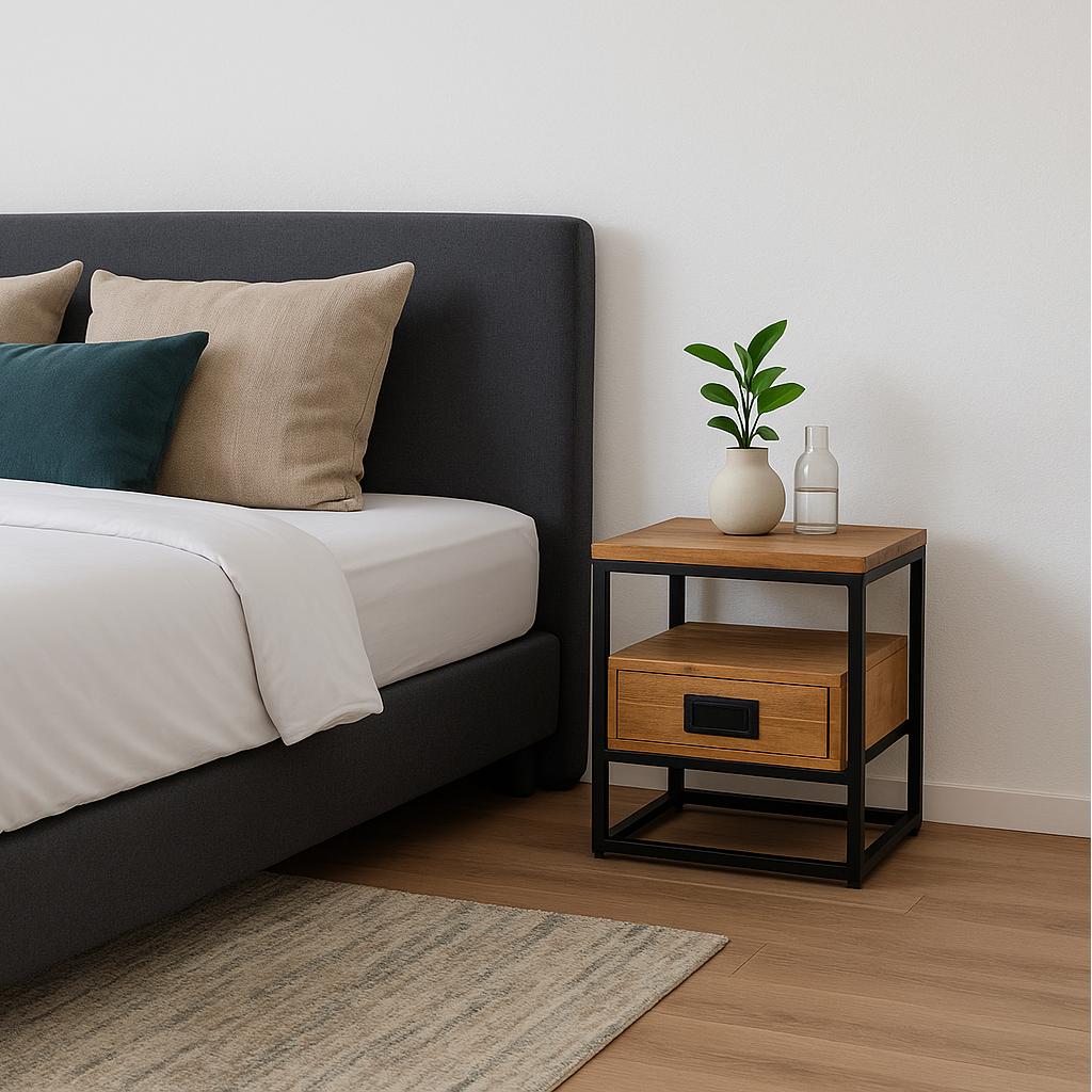 Seitentisch/Nachttisch Industriedesign | Mangoholz und Stahl 45x35x50