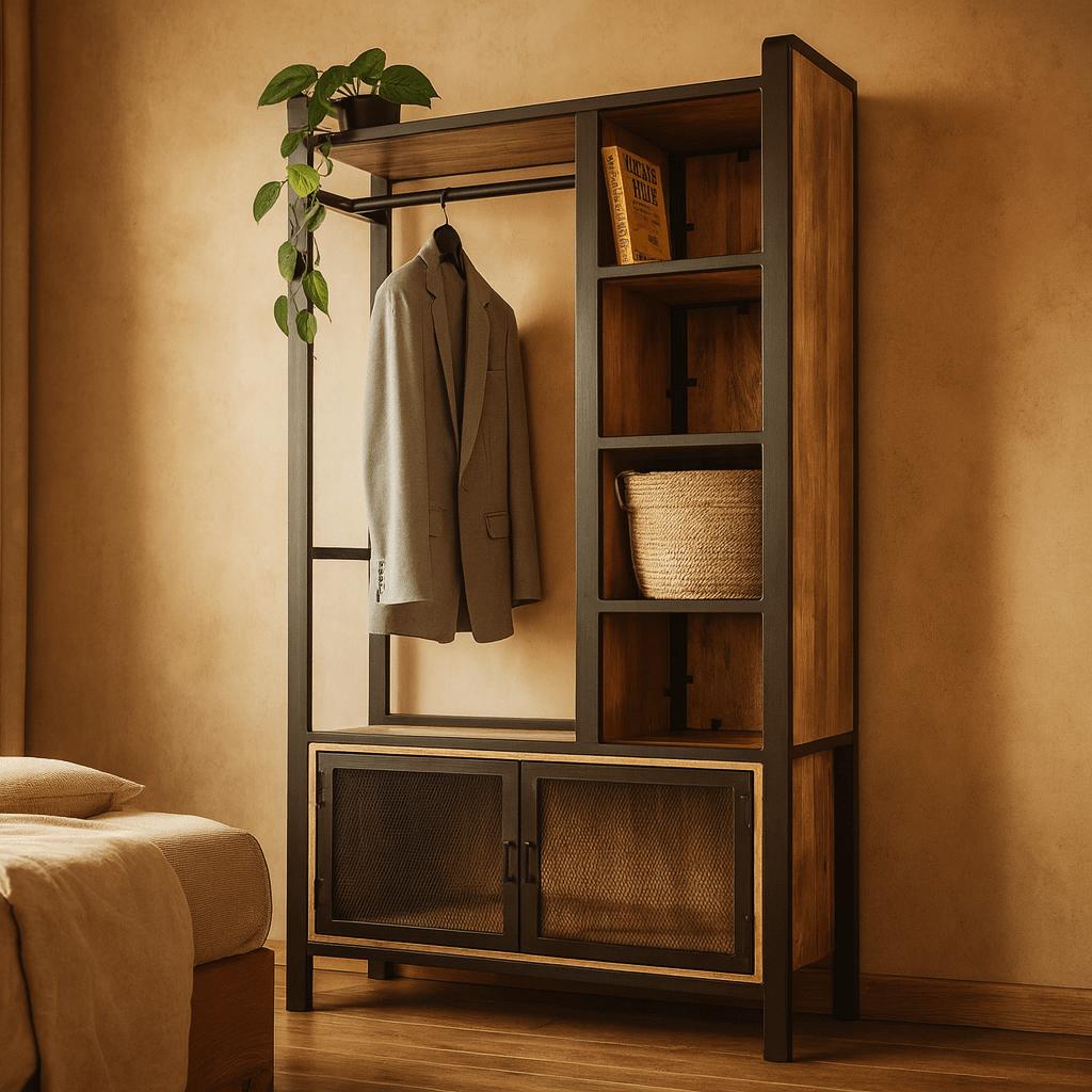 Garderoberek met rail en schappen Industrieel Design | Mangohout en Staal | 100x40x190cm - Industrieelinhuis.nl