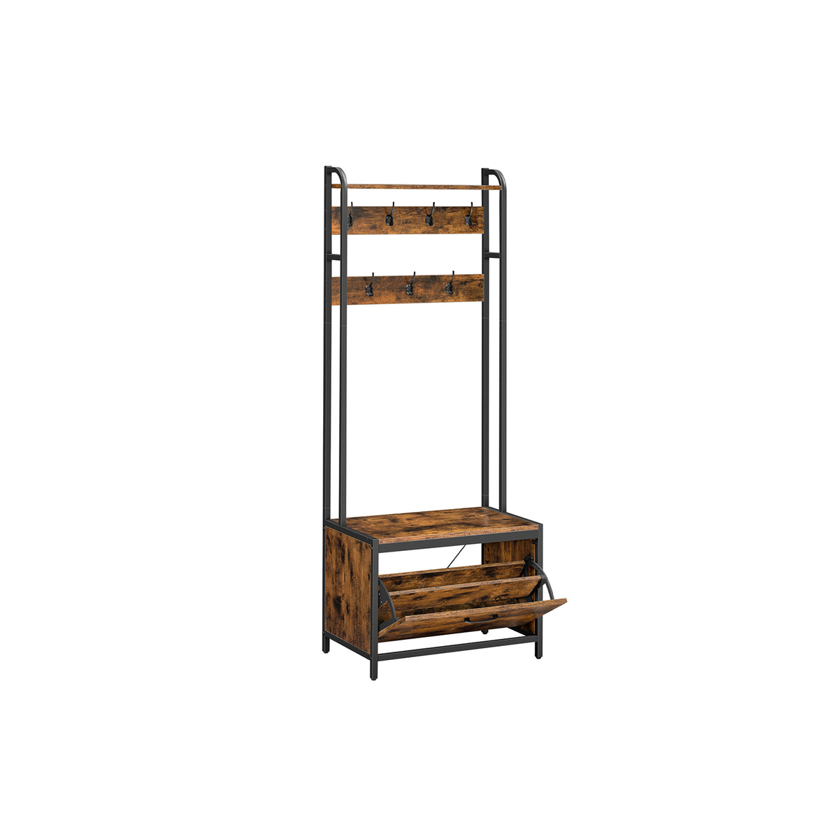 Industriële Kapstok met Schoenenkast en Zitbank – 7 Haken – Bruin/Zwart – 65x40x170 cm