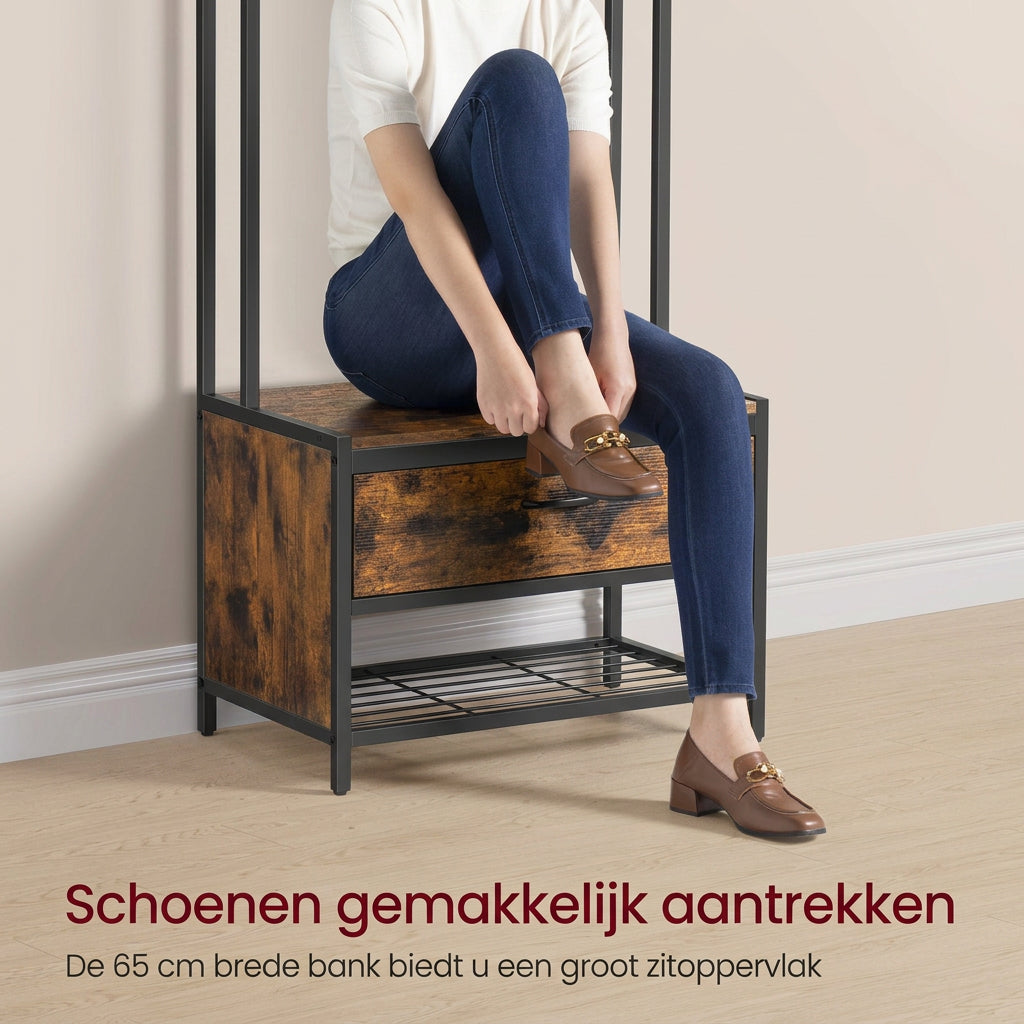 Industriële Kapstok met Schoenenkast en Zitbank – 7 Haken – Bruin/Zwart – 65x40x170 cm