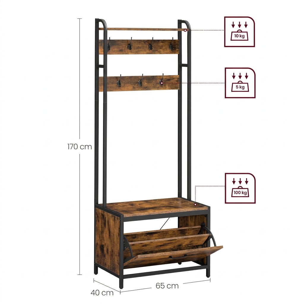 Industriële Kapstok met Schoenenkast en Zitbank – 7 Haken – Bruin/Zwart – 65x40x170 cm