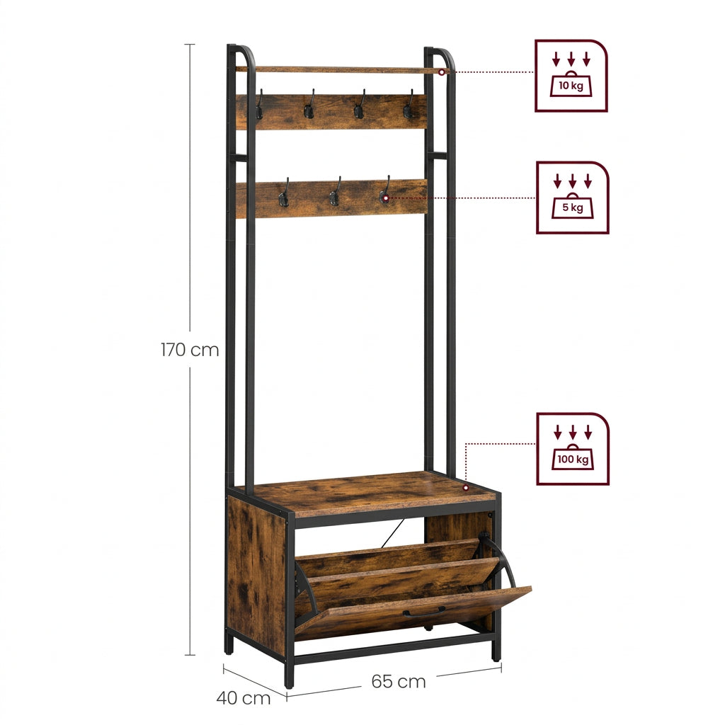 Industriële Kapstok met Schoenenkast en Zitbank – 7 Haken – Bruin/Zwart – 65x40x170 cm