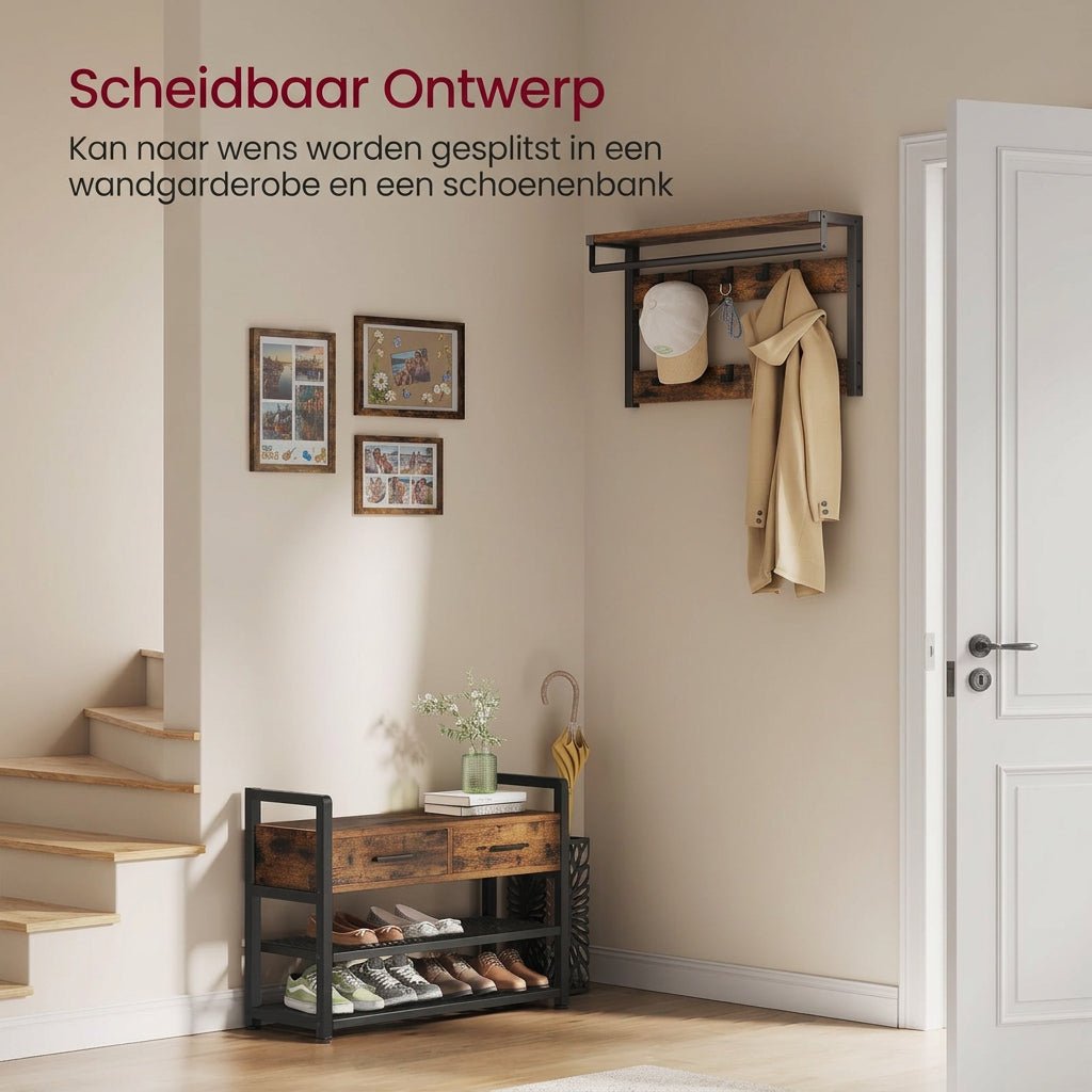 Industriële Kapstok met Schoenenbank, 10 Haken en 2 Opberglades – Vintage Bruin/Zwart