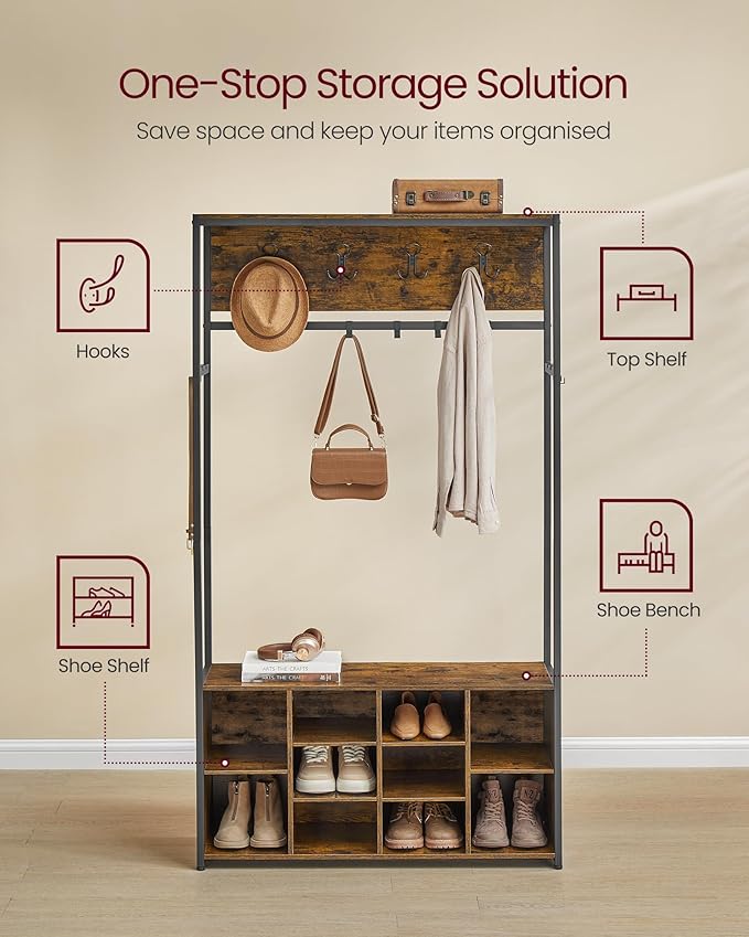 Garderoberek met Bank en Schoenenopslag – Industrieel halmeubel met kapstokhaken, opbergplanken en zitbank in rustiek bruin en zwart staal - Industrieelinhuis.nl
