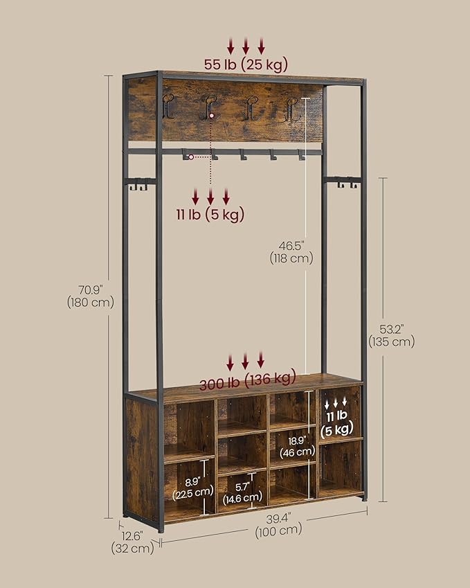 Garderoberek met Bank en Schoenenopslag – Industrieel halmeubel met kapstokhaken, opbergplanken en zitbank in rustiek bruin en zwart staal