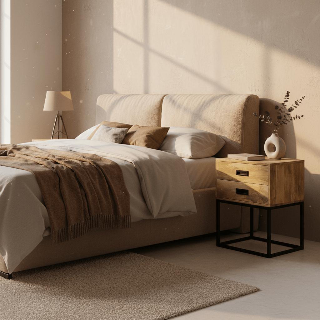 Veloura Nachtkastje – Hoog Mangohout Nachtkastje met Mat Zwart Staal | Industrieel Design 50x40x70 cm - Industrieelinhuis.nl