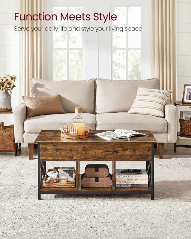 Lift Top Salontafel – Industriële salontafel met verstelbaar tafelblad en verborgen opbergruimte in rustiek bruin en zwart staal - Industrieelinhuis.nl