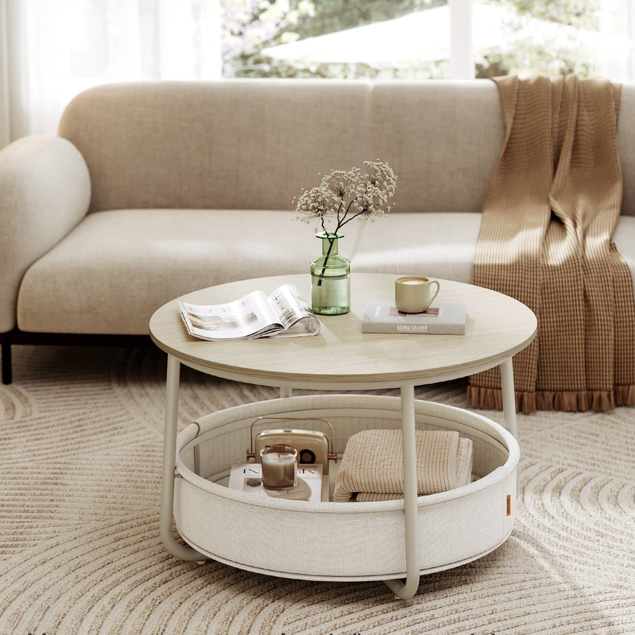 Salontafel Rond Crème wit met opbergmand | Houtlook en Staal | ⌀ 75cm x 45cm - Industrieelinhuis.nl