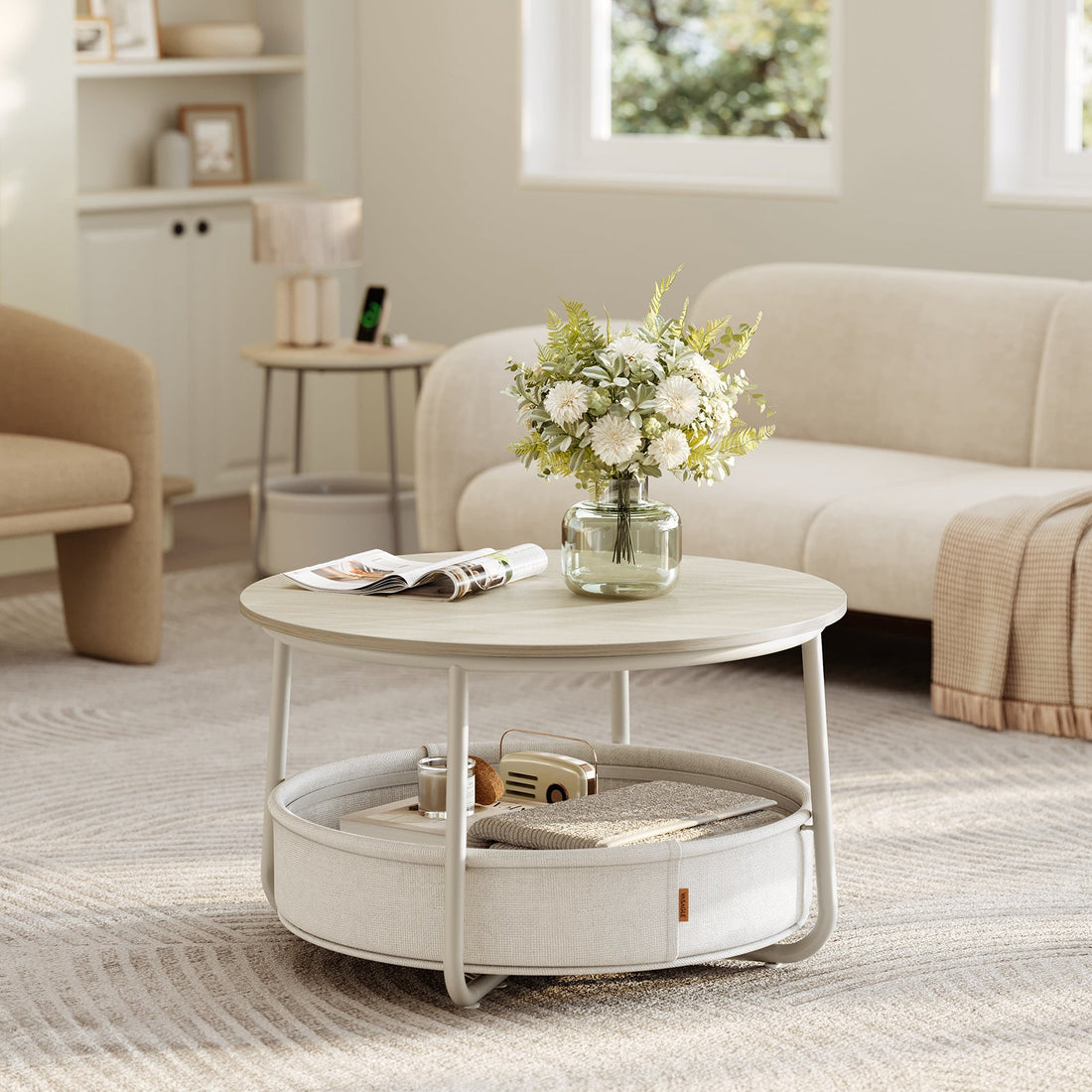 Salontafel Rond Crème wit met opbergmand | Houtlook en Staal | ⌀ 75cm x 45cm - Industrieelinhuis.nl