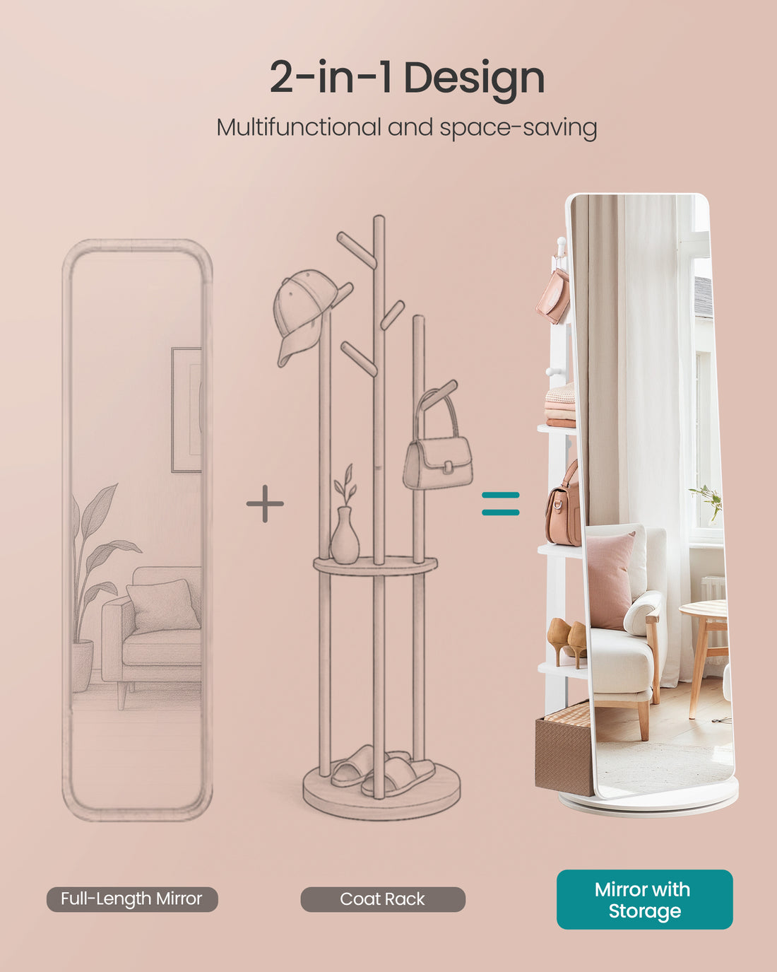 Staande spiegel draaiend met opbergruimte | 135x45cm