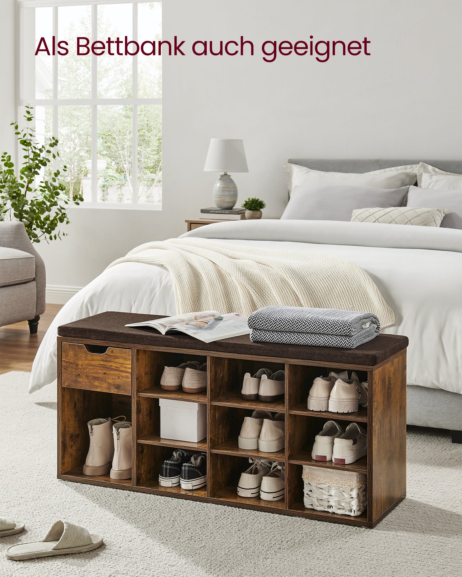 Schoenenbank met Lade en Open Vakken – Houten halbank met gecapitonneerde zitting in vintage bruin - Industrieelinhuis.nl