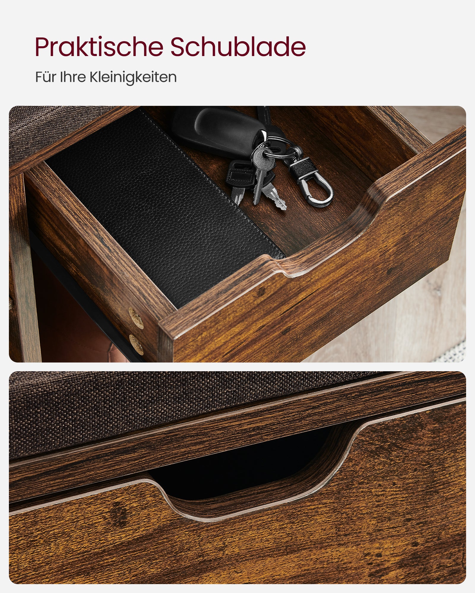 Schoenenbank met Lade en Open Vakken – Houten halbank met gecapitonneerde zitting in vintage bruin - Industrieelinhuis.nl