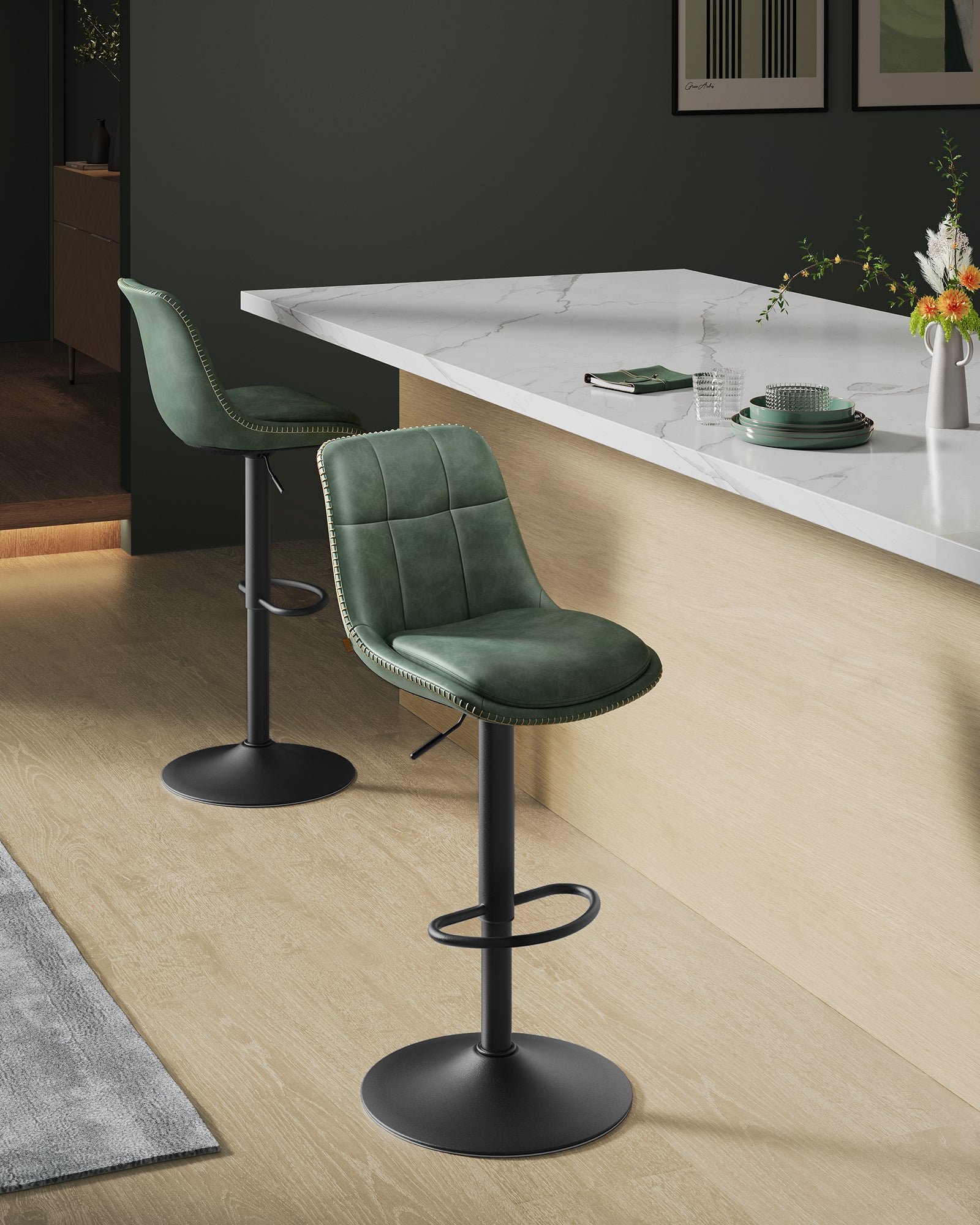 Barkrukken Set van 2 – Verstelbare draaibare keukenstoelen met rugleuning, voetensteun en PU-leren zitting in bosgroen - Industrieelinhuis.nl