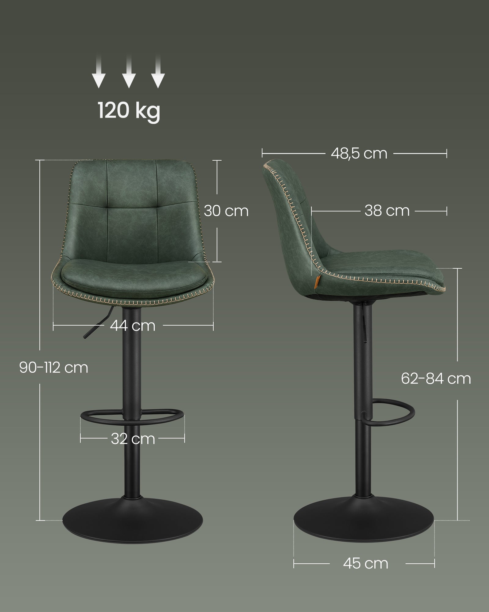 Barkrukken Set van 2 – Verstelbare draaibare keukenstoelen met rugleuning, voetensteun en PU-leren zitting in bosgroen - Industrieelinhuis.nl