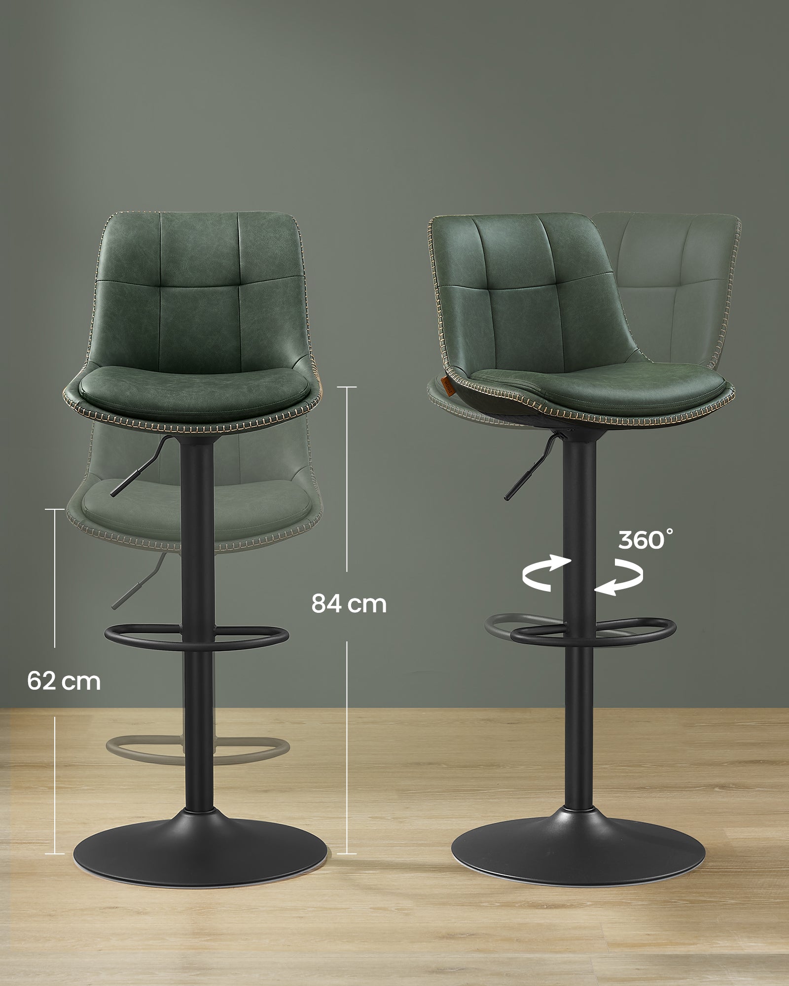 Barkrukken Set van 2 – Verstelbare draaibare keukenstoelen met rugleuning, voetensteun en PU-leren zitting in bosgroen - Industrieelinhuis.nl